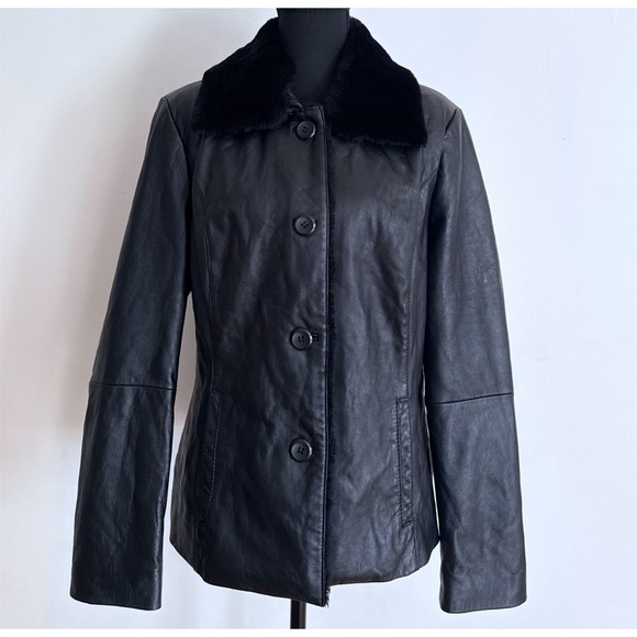 EUC BGSD 100% Lambskin Leather Sheep Shearling Fur Collar Y2K 90’s Black Jacket - Picture 2 of 14